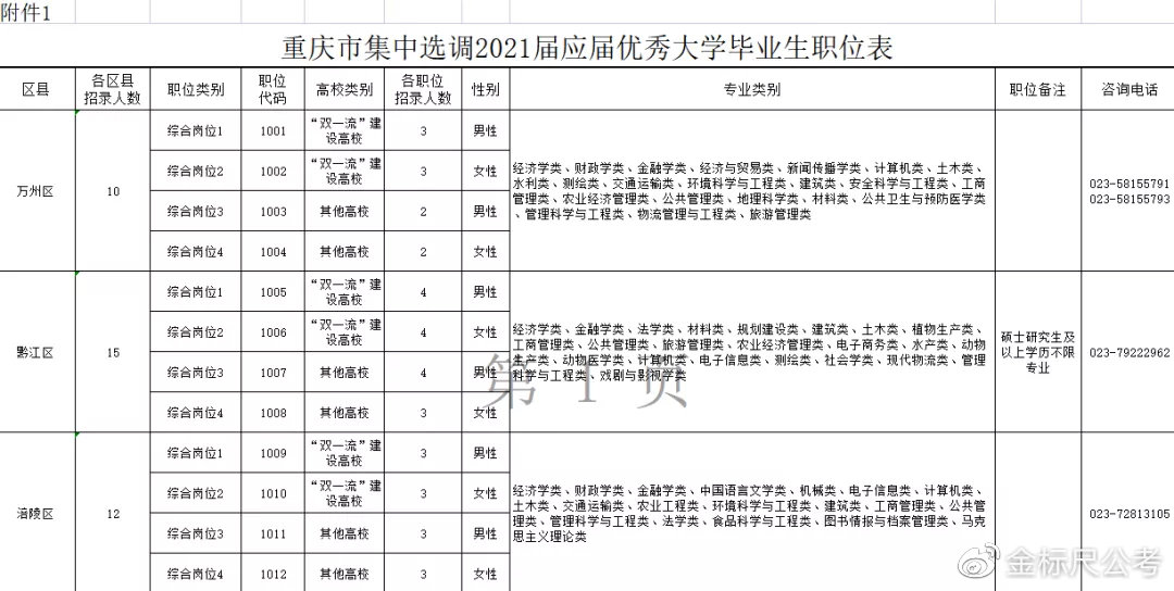 重庆遴选职位表